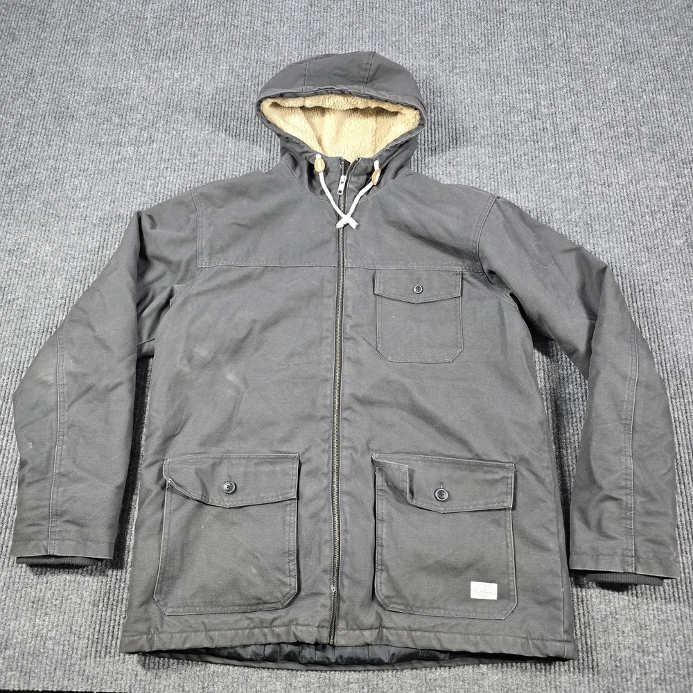 Quiksilver Jacket Mens 2XL Gray Sherpa Lined Hooded Winter Parka Pockets Canvas